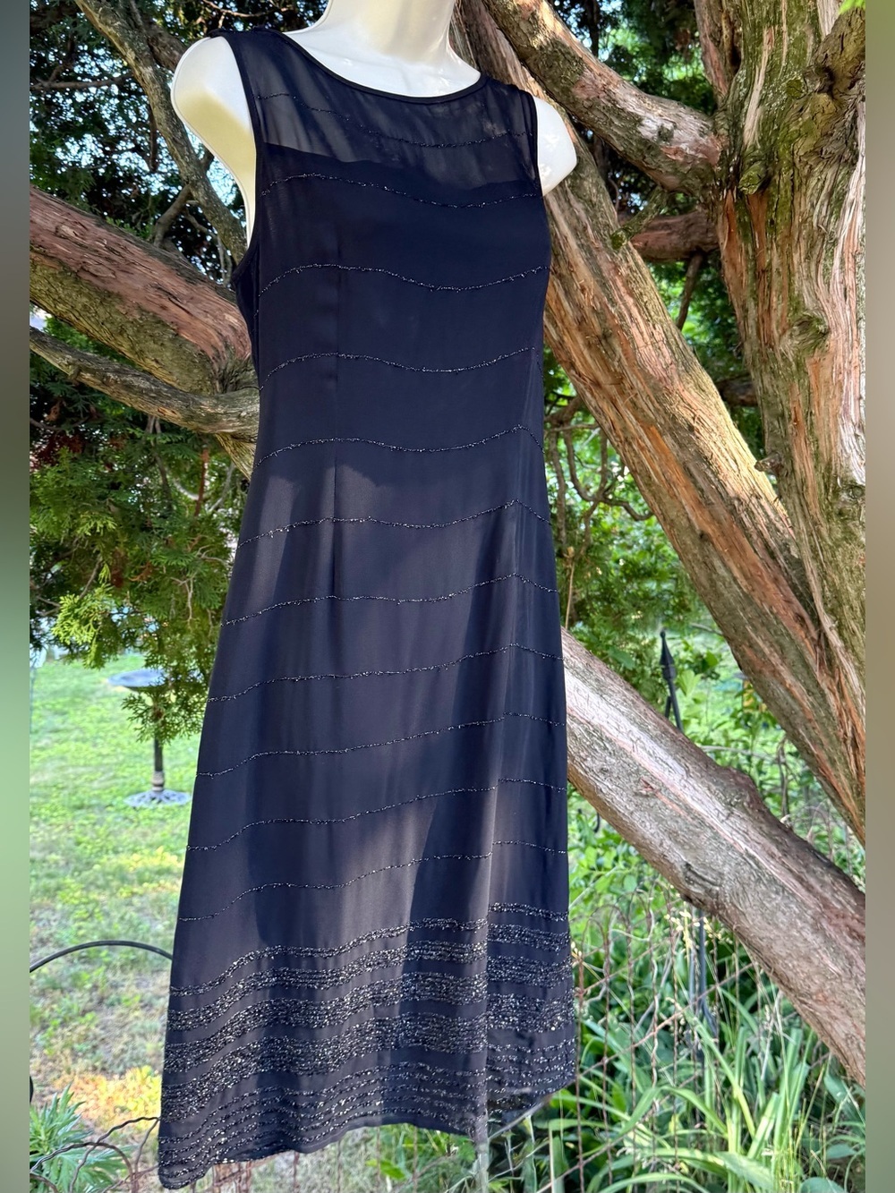 SIGRID OLSEN Black Sheath Sheer Overlay Metallic Thread 10 Cocktail Party Dress - Picture 7 of 14